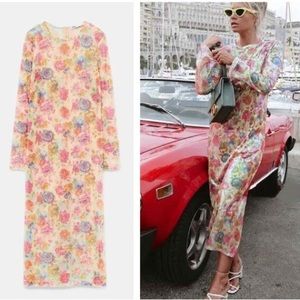 Zara Floral Print Sequin MIDI Long Sleeve Dress Size S NEW